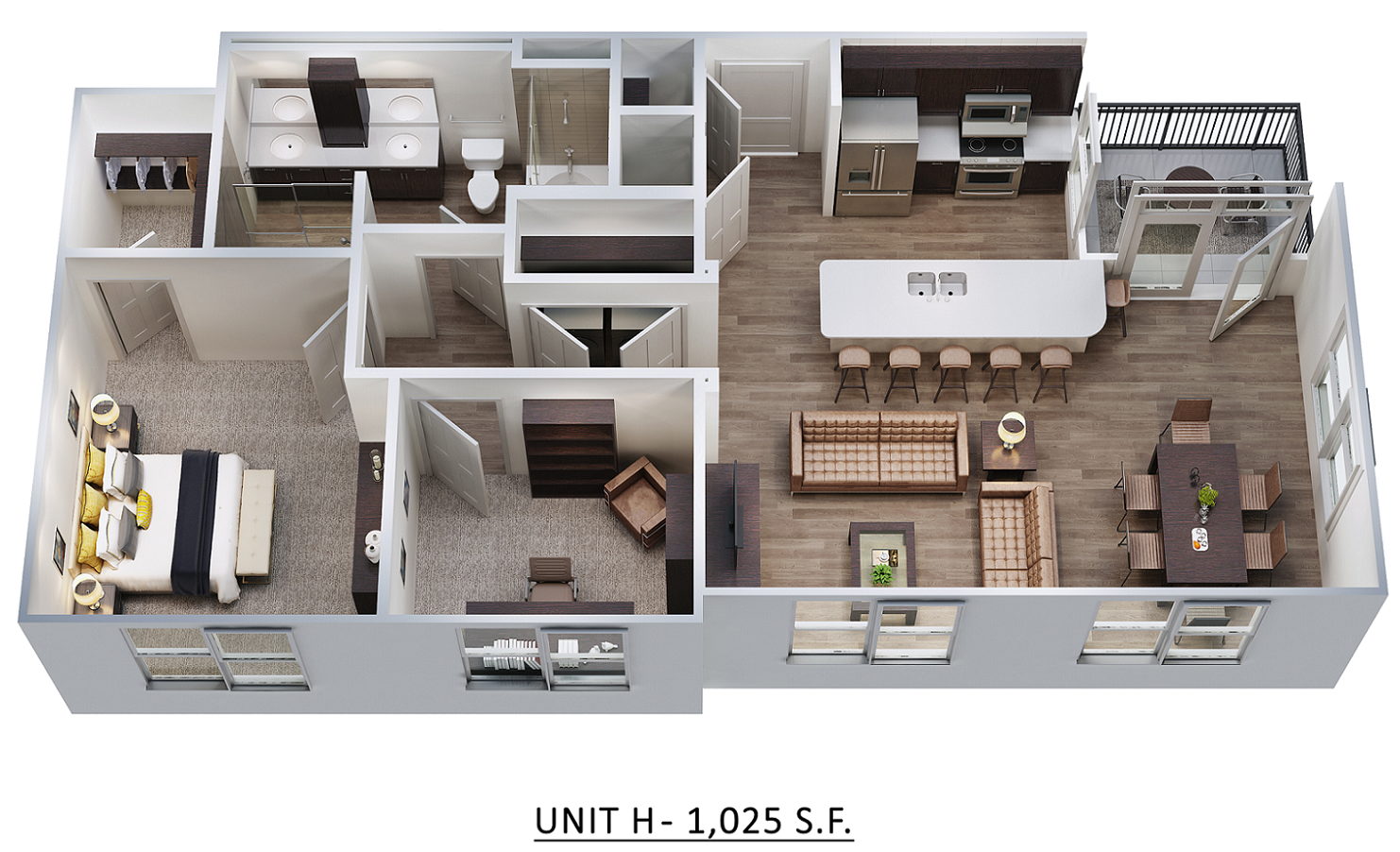 Floor plan for 1 bed, 1 bath, 1025 sqft